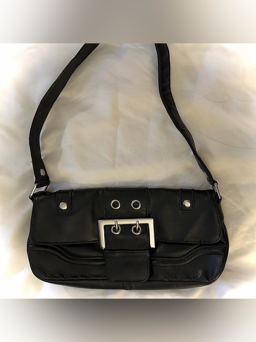 Black Women's Shoulder Bag with Silver Buckle